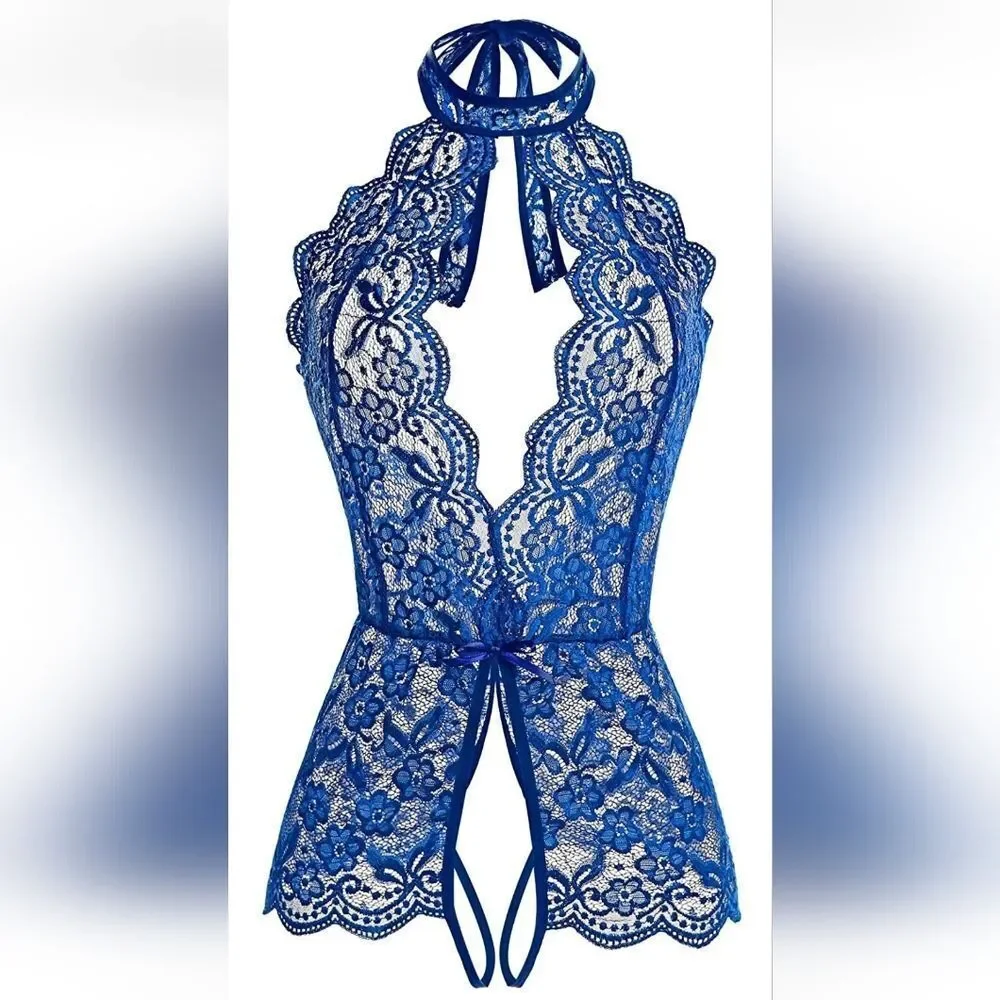 Female See Through Lingerie One Piece Lace Open Crotch Bodysuit Plus Size Womens